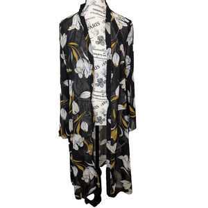 Meaeor Open Front Duster Large Black/Ivory/Gold Floral Print Semi Sheer